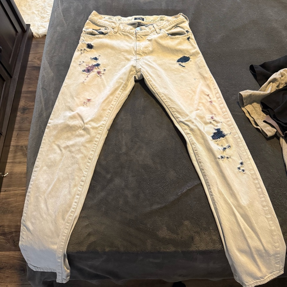 Armani Jeans Cream and Blue Straight Leg Distressed Denim